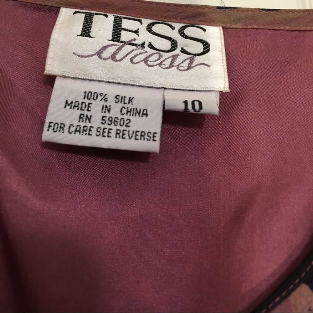 Tess dress 100% Silk Black Mauve Tan VNeck Short Sleeve Lined Maxi Dress Size 10 - Picture 2 of 8